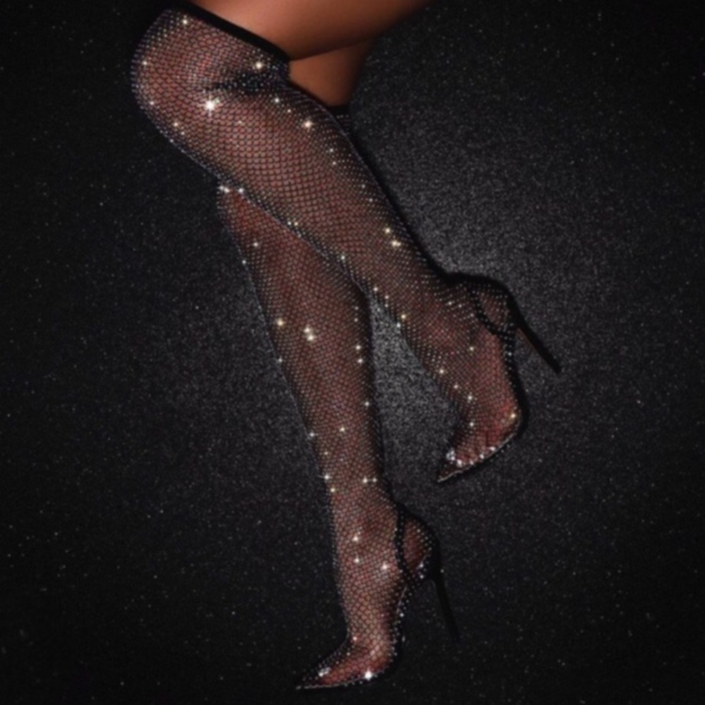 Embellished Fishnet Thigh Hi Boots - Picture 3 of 16